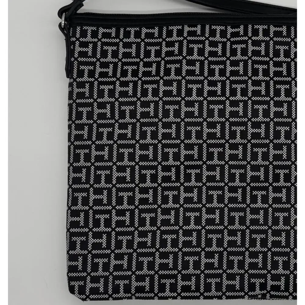 Tommy Hilfiger Women’s Black/White Monogram Logo Crossbody Bag Zip,Adjustable